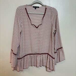 Living Doll Los Angeles Womens Shirt Perplum V Neck Print Burgundy Cream Size XL